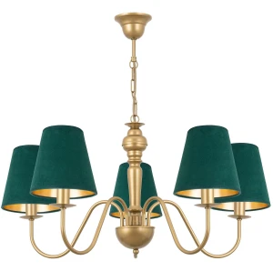 Złoty żyrandol z zielonymi abażurami do salonu GOLDSUN AB 1336G/17/54 5-płomienny 