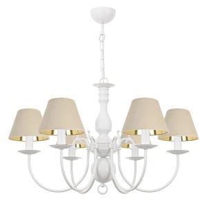 Piękny żyrandol do salonu z biało-złotymi abażurami MARIA BIAŁA O3126 W6 BIA/1S/61/Le 6-ramienny
