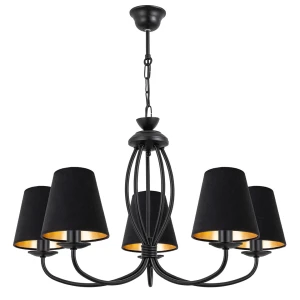 Czarny żyrandol do salonu z czarno-złotymi abażurami OLIVER O3055 W5 CZA/AB/53/Le 5-płomienny