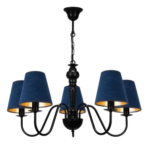 Żyrandol  z granatowymi abażurami w stylu nowojorskim GOLDSUN AB 1336G/27/55 5-ramienny
