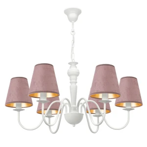 Tradycyjny żyrandol biały z różowymi abażurami z weluru GOLDSUN AB 1335G/26/52 6-ramienny