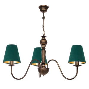 Postarzany żyrandol z zielonymi abażurami z weluru GOLDSUN AB 1337G/24/54 3-ramienny