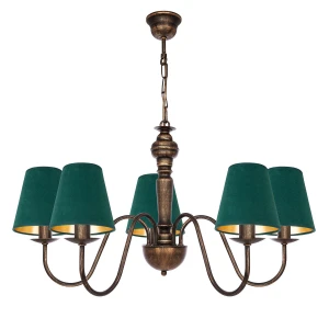 Lampa sufitowa z zielonymi abażurami do klasycznych wnętrz GOLDSUN AB 1336G/24/54 5-ramienny