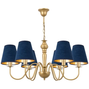 Elegancki żyrandol złoty z granatowymi kloszami GOLDSUN AB 1335G/17/55 6-ramienny