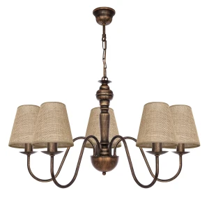 Żyrandol w stylu rustykalnym z abażurami z juty GOLDSUN AB 1336G/24/23 5-ramienny