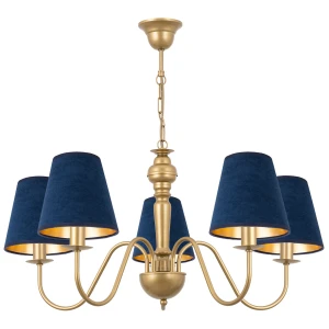 Złoty żyrandol z granatowymi abażurami do salonu GOLDSUN AB 1336G/17/55 5-płomienny