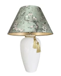 Duża lampa stołowa biała BONA SIENA z zielonym wzorzystym abażurem