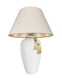 Duża lampa stołowa z białej ceramiki i lnianym abażurem BONA golden linen